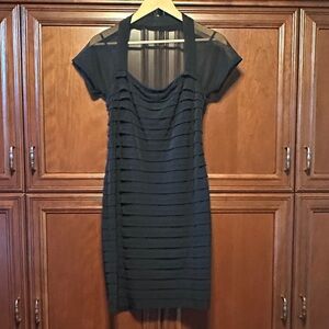 Maggy London Pleated Black Dress with Mesh Sleeves